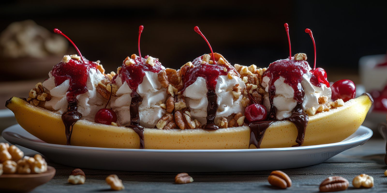 Delicious banana split topped with cherries, nuts, and chocolate sauce served in a restaurant setting during the afternoon